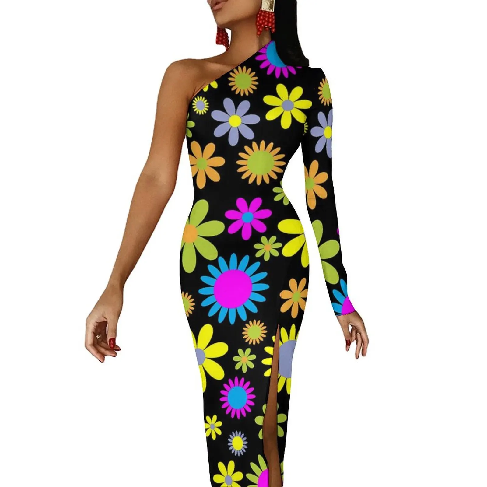 

Retro Flower 60s Maxi Dress Long Sleeve Colorful Floral Street Wear Bodycon Dresses Summer Sexy Dress Female Custom Vestido