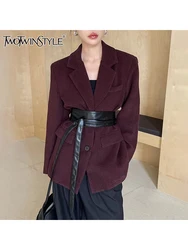 TWOTWINSTYLE Solid Patchwork Leather Sashes Chic Blazer For Women Notched Collar Long Sleeve Temperament Coats Female Fashion