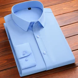 New Men Shirt Bamboo Fiber Long Sleeve Anti-wrinkle Non-ironing Slim Fashion Casual Business Office White Blue Shirts 5XL 6XL