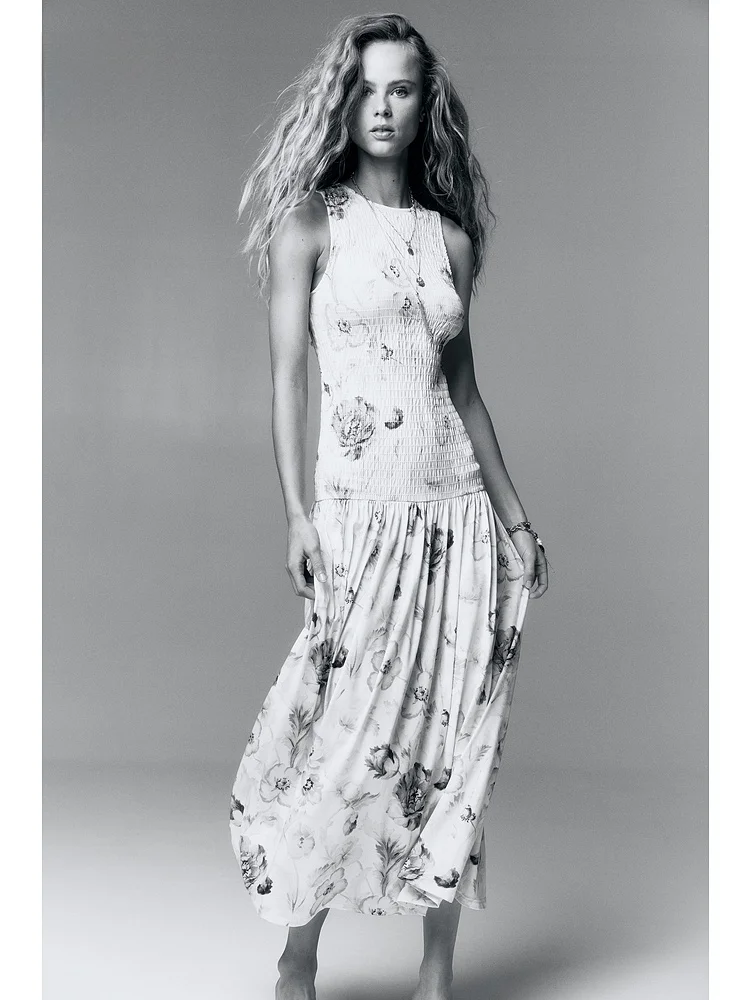 H&M Spring 2025 Women's Dr Floral Print Maxi Gown Svel Plant-Inspired Midi Skirt round Neline Ins Sle Casual Dr