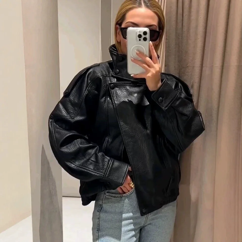 Ladies Faux Suede Bomber Jacket Casual Long Sleeve Leather Jacket