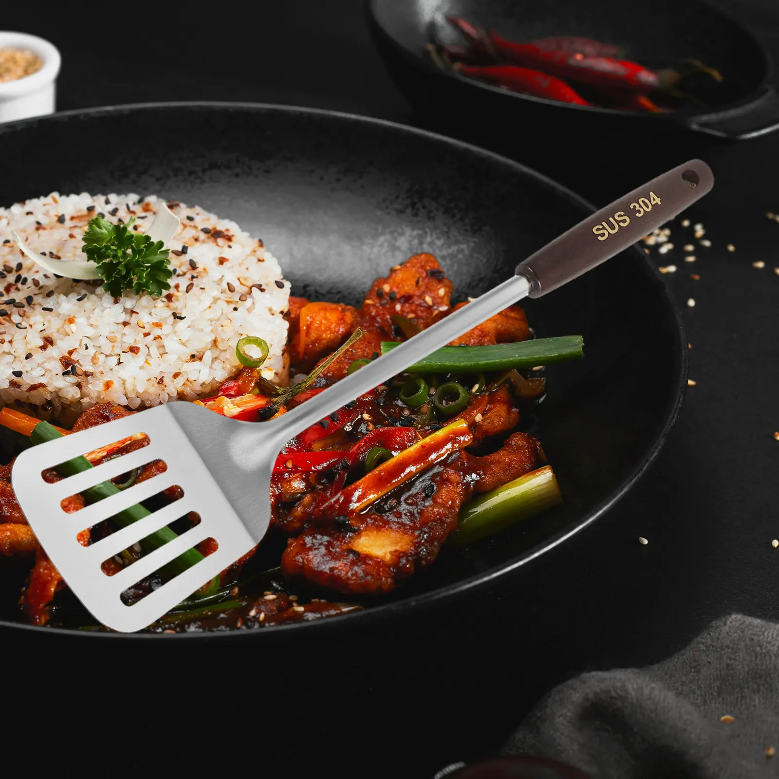 4Pcs Stainless Steel Wok Utensils Set with Heat-Resistant Long Handles & Wooden Ergonomic Grips for Stir-Frying