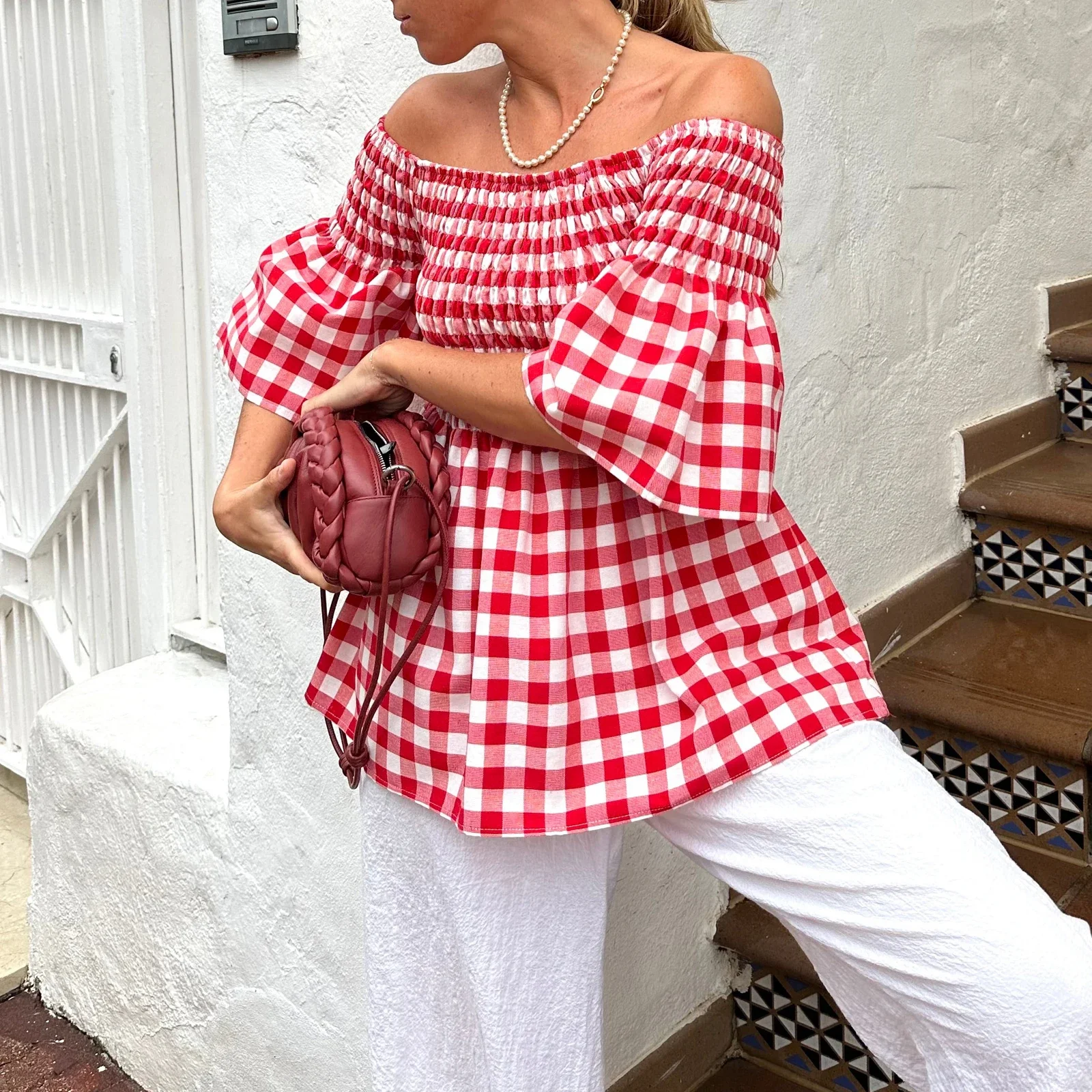 Women Red Plaid Shirt Fashion Boat Neck Smocked Silhouette Half Puff Drop Sleeves T-Shirts Loose Flowy Hem Tops