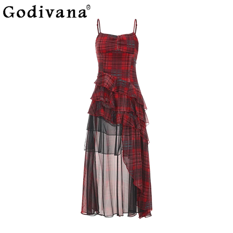 

Punk Irregular Red Grid Ruffles A-line Suspender Dress Women Summer New Travel Seaside Vacation Slim Square Collar Gauze Dresses