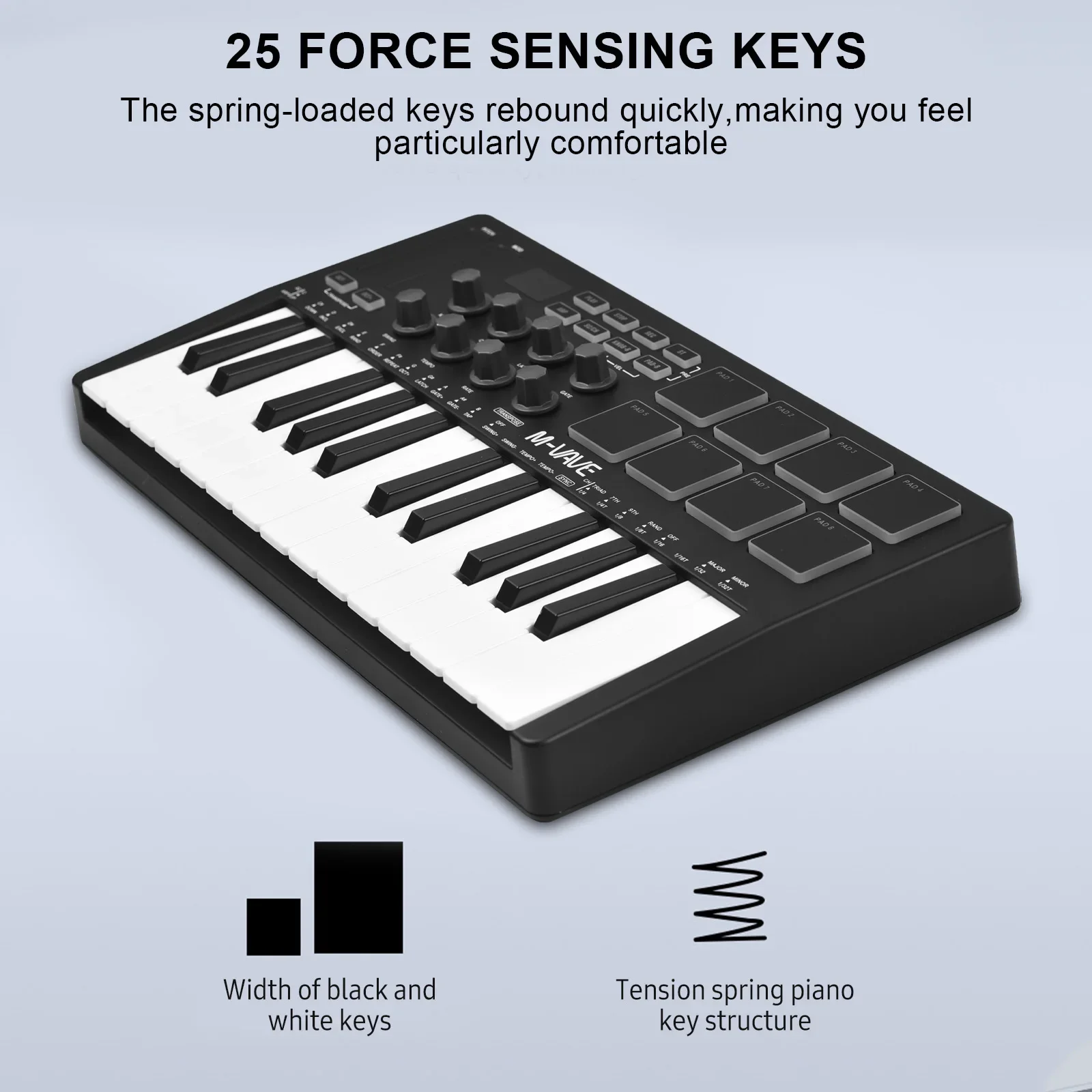 

M-VAVE 25 Velocity Sensitive Keys, 8 RGB Backlit Pads, 8 Knobs MIDI Keyboard with 25-Key MIDI Control, Mini Portable USB