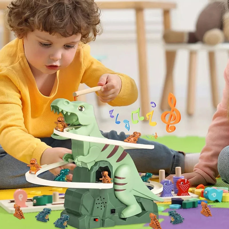 Toddler Dinosaur Climbing Slide Stairs Toy Race Track Game Set Electric Adventure Slide Roller Coaster With Light Music Kid Gift