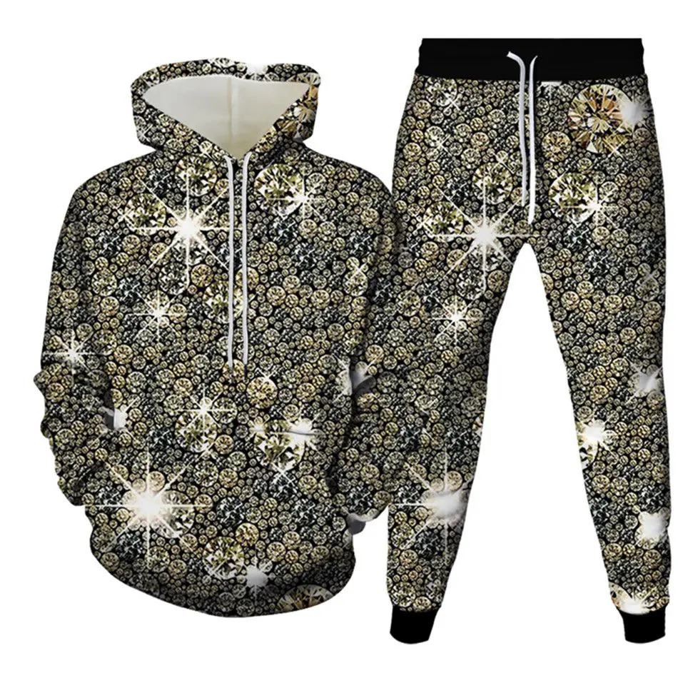 Golden Glitter Sparkle 3D Printing Hoodies+Trousers 2Pc Set Men Casual Tracksuit Harajuku Oversize Kids Suits Clothes