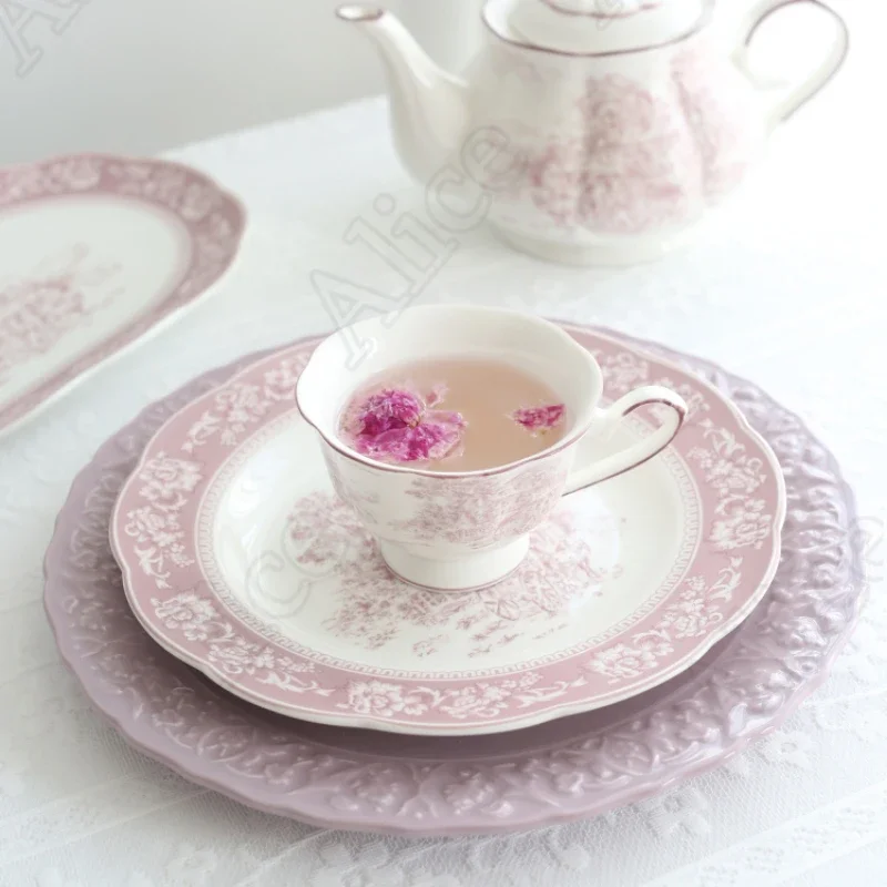 

French Purple Neverland Ceramic Plates and Bowls Vintage Relief Pasta Dinner Plates Rice Bowl Serving Tray Nordic Home Tableware