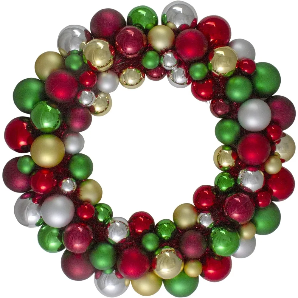 Traditional Colors 2- Shatterproof Ball Christmas Wreath, 24-Inch