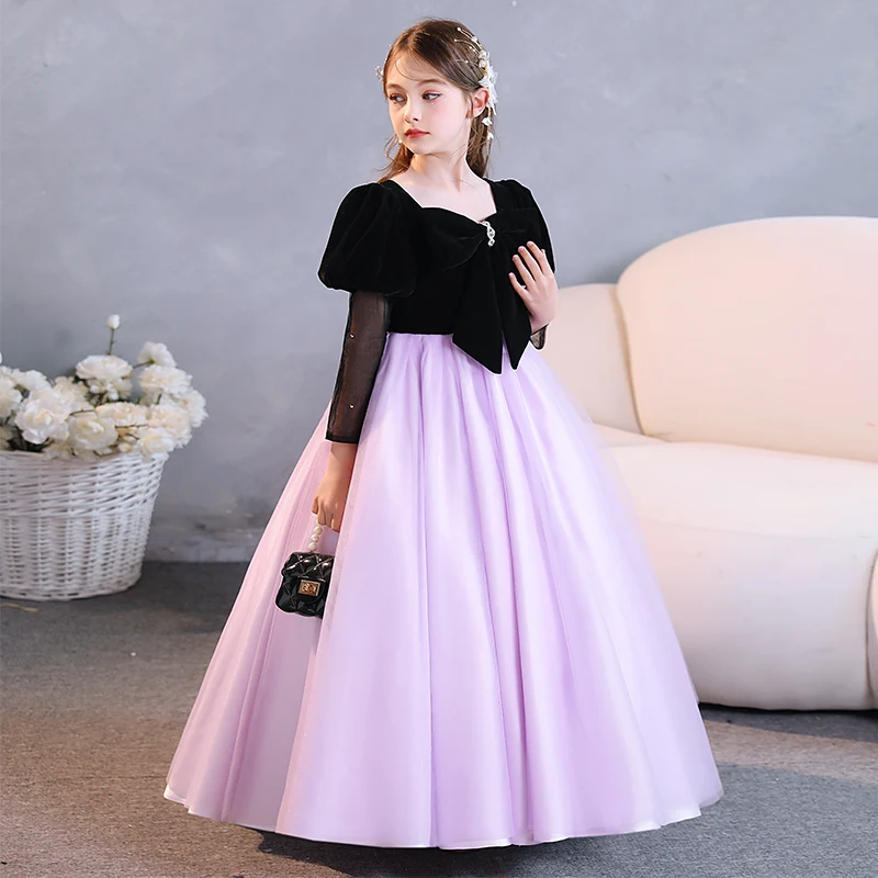 Girls dress velvet puff sleeves floor-length mesh long sleeve puffy tulle princess dress