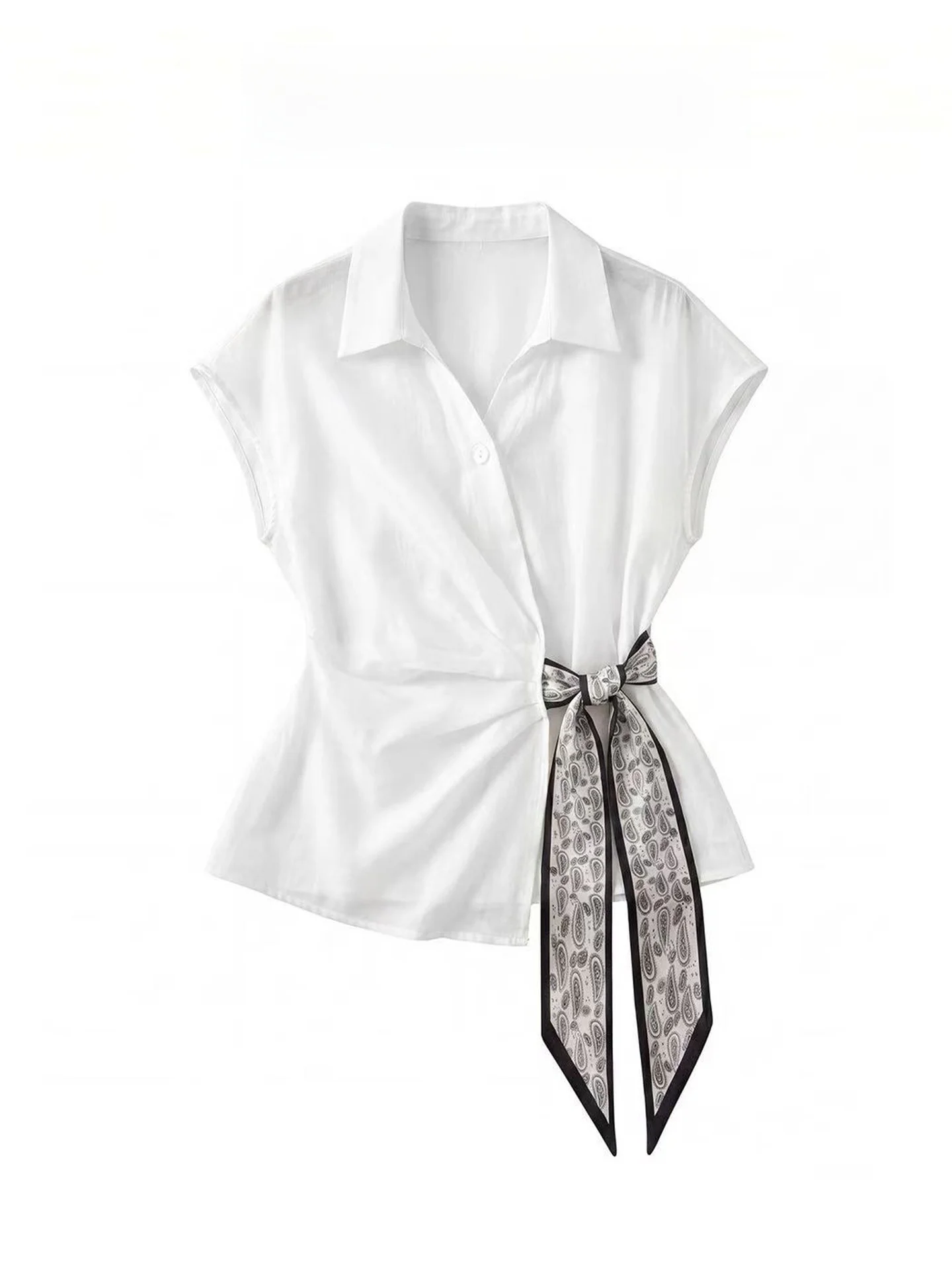 Elegant White Short Sleeve Shirt Women's Design Sense Silk Scarf Belted Waist Cinch Gauze Top Summer 2026 Commute Vintage Loo...