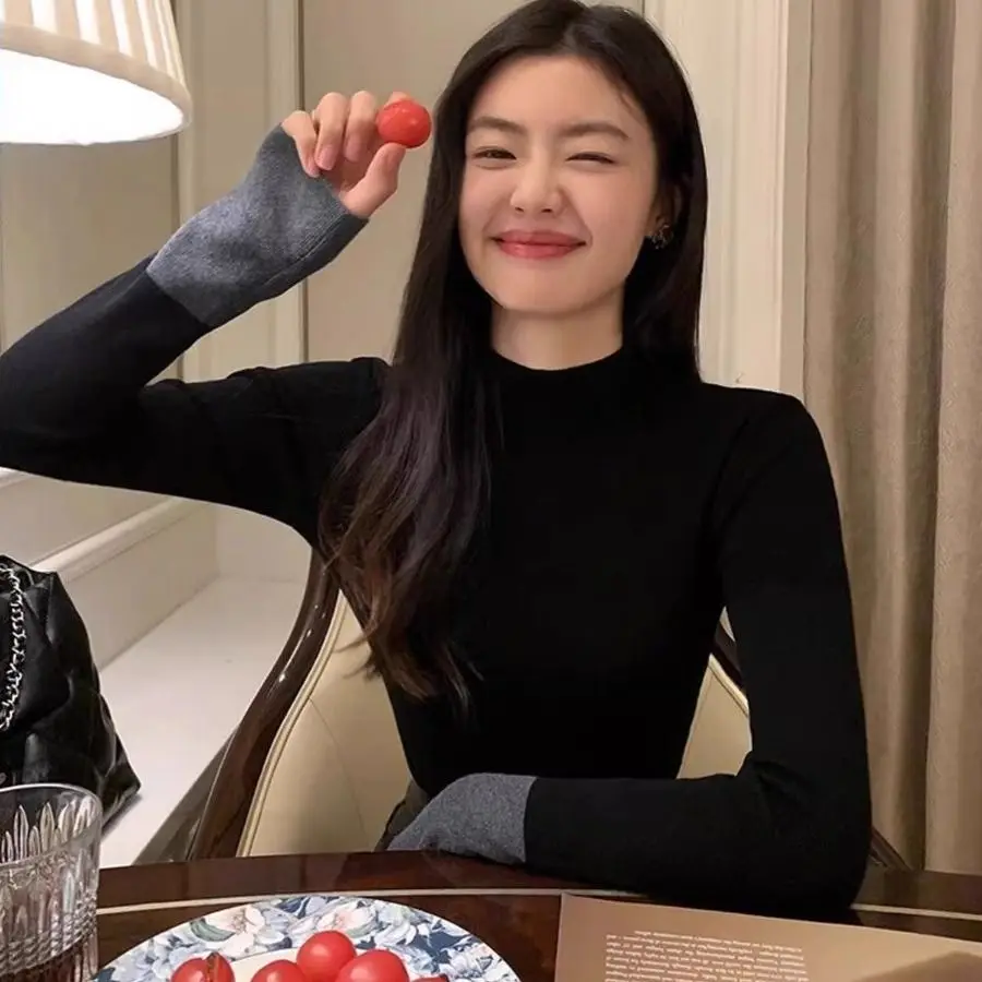 

High-End Women's Knitted Sweater Base Layer Half High Collar Inner Wear T-Shirt Hooded Casual Slim Fit Thickened Style