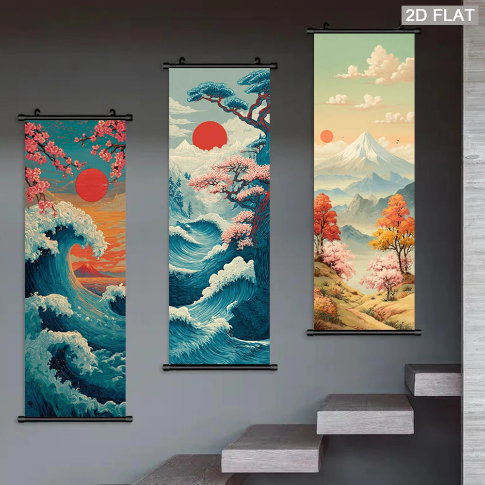 VIKAMA Japanese Ukiyo-e Wave Tapestry, Mount Fuji Cherry Blossom Red Sun Wall Scroll, Ocean View Poster, Home Wall Hanging Decor