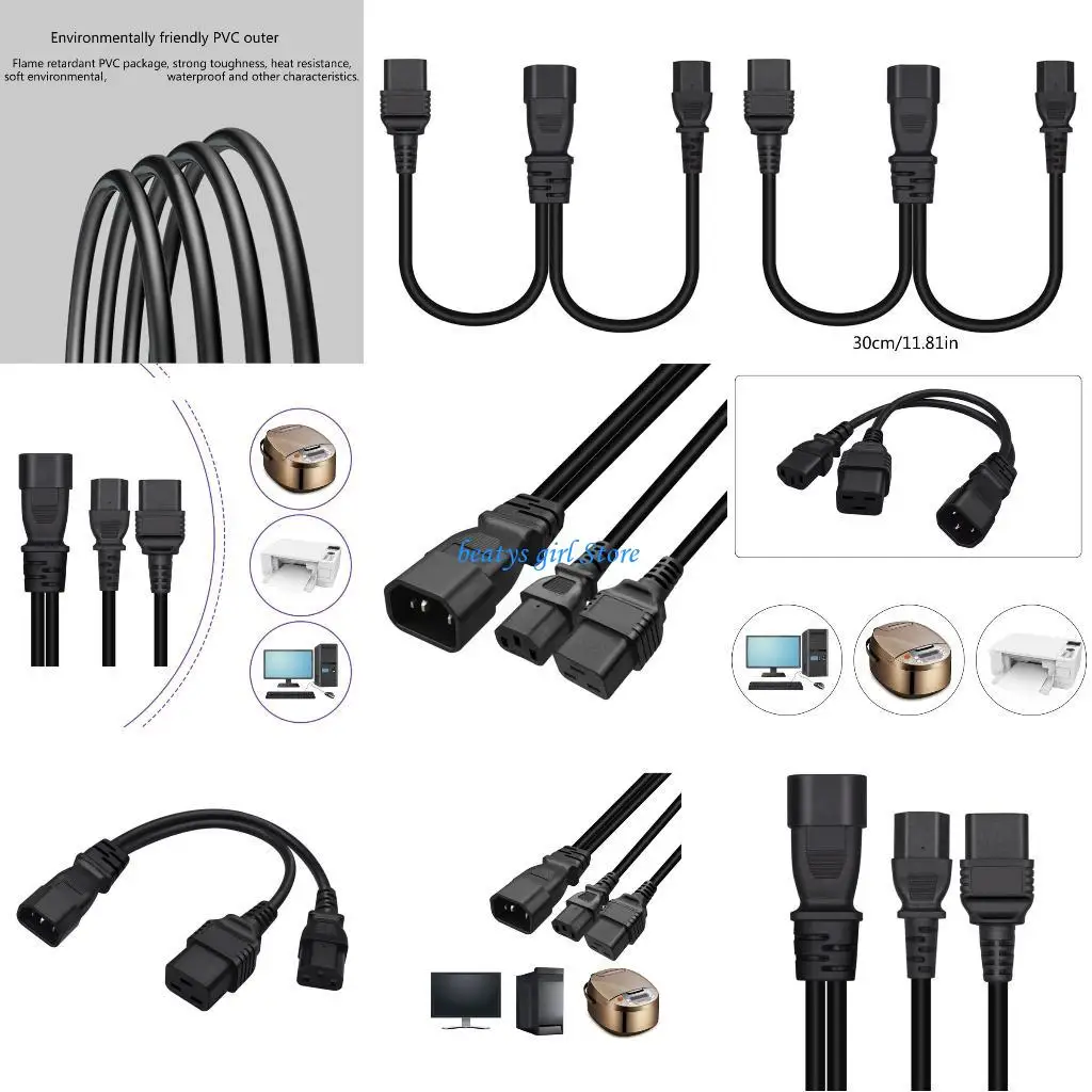 

C7AB C19+C13 Female to C14 Male Power Supply Extension Cord C14 to C19+C13 Power Plug Converter Adapter for Computers 30cm