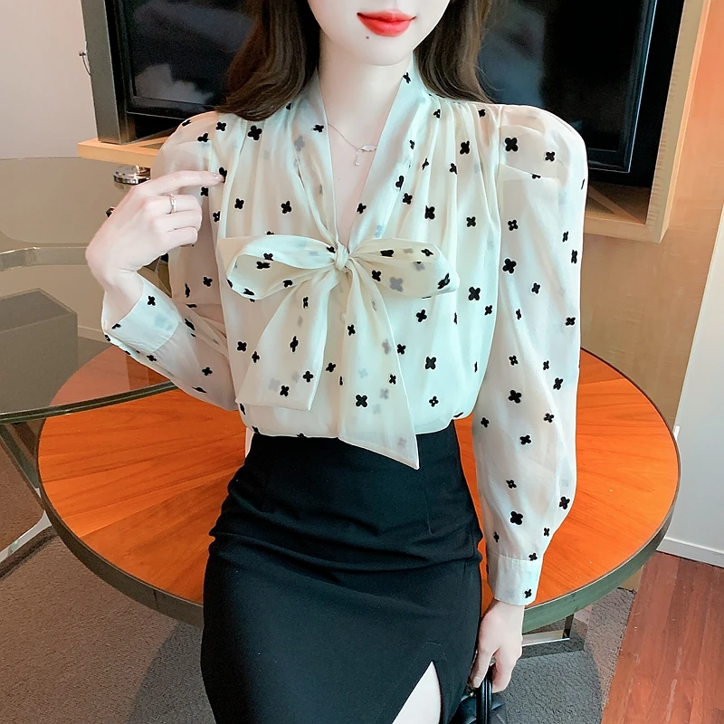 Bow Long Sleeve Chiffon Shirt for Women Autumn Korean New Fashion Design Office Lady Blouse Tops