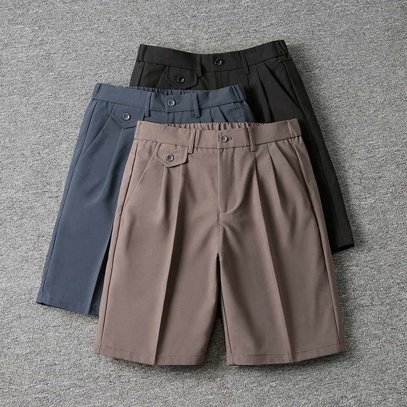 Men's Suit Shorts Texture Solid Straight-leg Business Social Elastic Waist Button Short Pants Loose Knee Length Formal Trousers