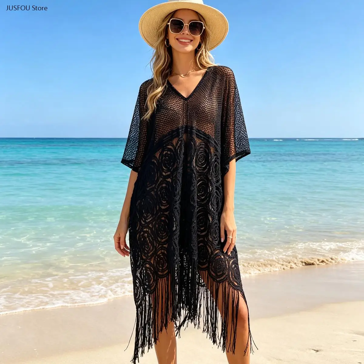Women European Hollow Out Lace Cape Shawl Lightweight Sun Protection Beach Kimono Cover Up Elegant Black Outerwear