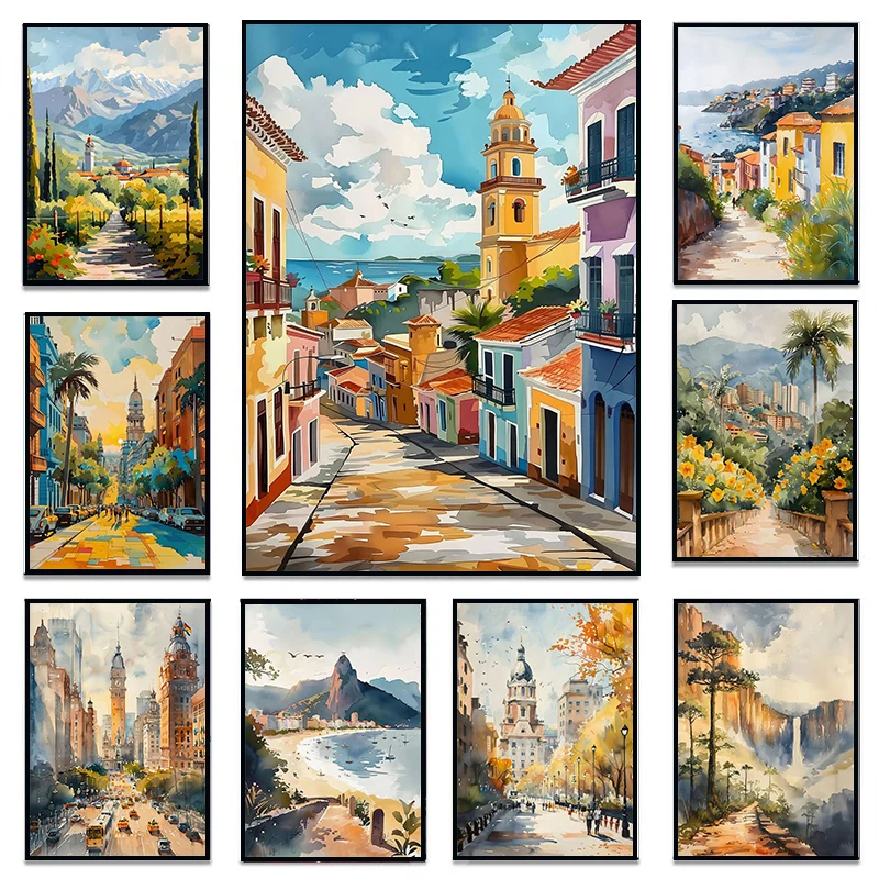 الألوان المائية الأمازون الغابات المطيرة البرازيل تشيلي مدينة السفر الملصقات والمطبوعات قماش الطباعة جدار صورة فنية لديكور غرفة المعيشة #1