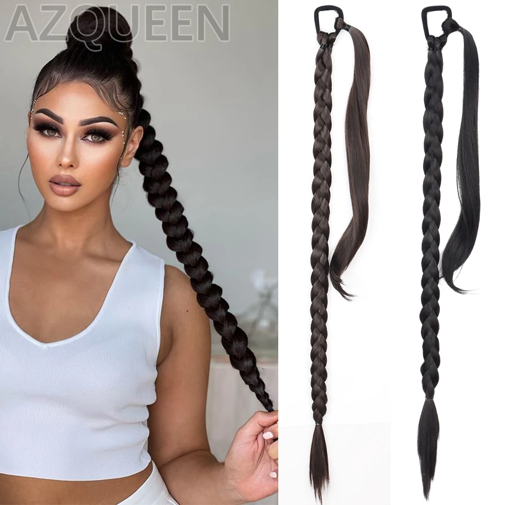 Synthetic Long Braided Ponytail Hair Extensions With Rubber Band Black Brown DIY Pony Tail Hairpiece Braids For Women