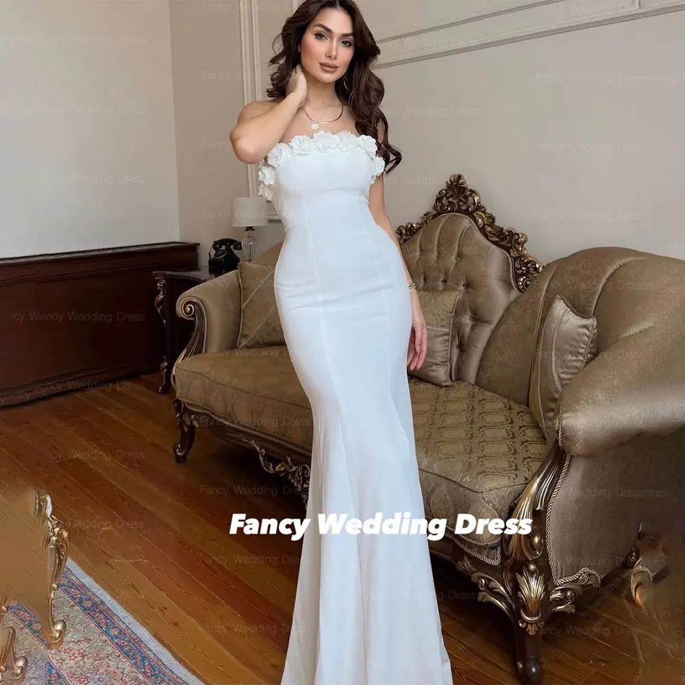 

Fancy Sexy Mermaid Saudi Arabia Evening Dress Flower Elastic Satin Prom Gown Floor Length Back Corset Zip Customized