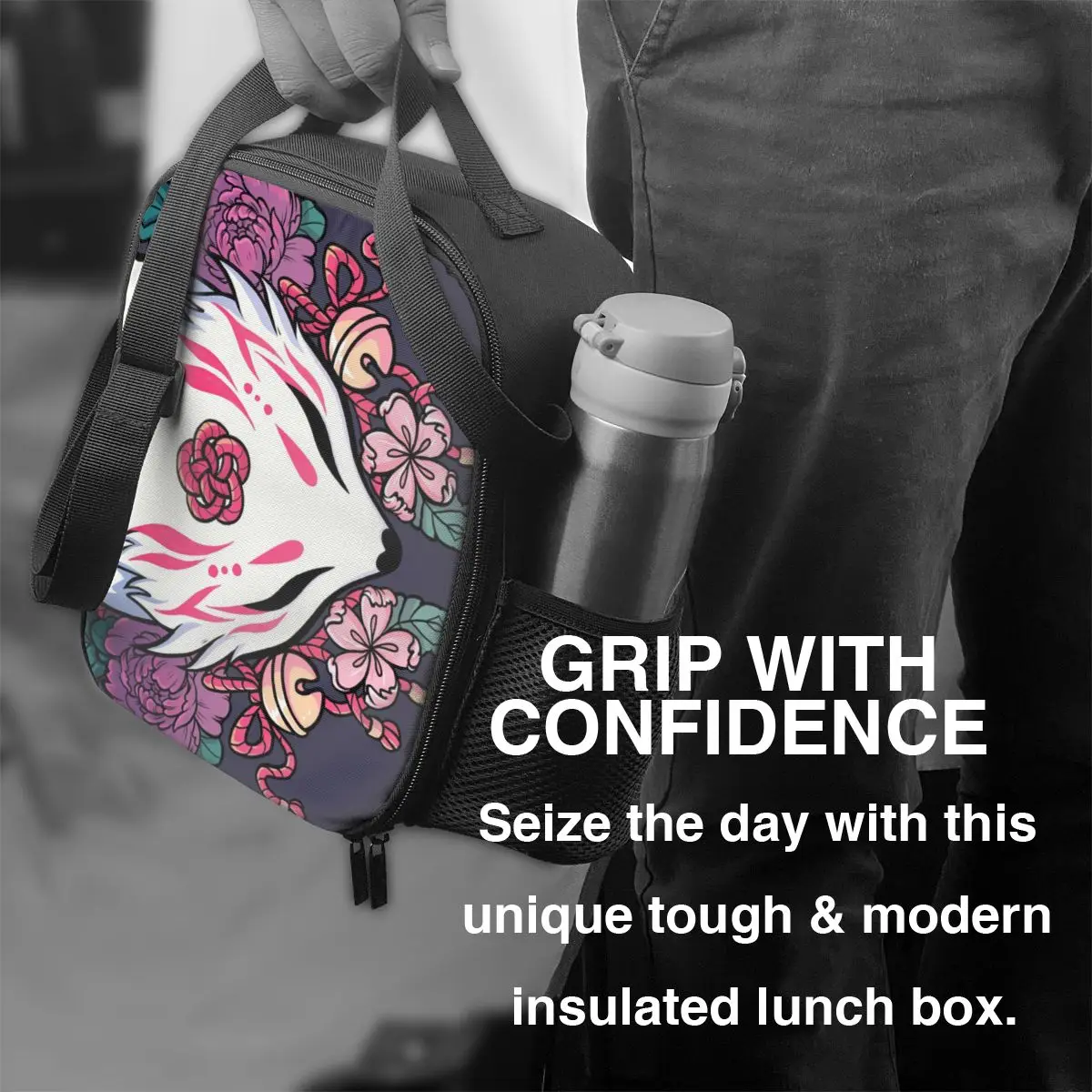 Custom Fox Spirit Kitsune Insulated Lunch Bags for Picnic Japanese Kabuki Portable Thermal Cooler Lunch Box Women Children