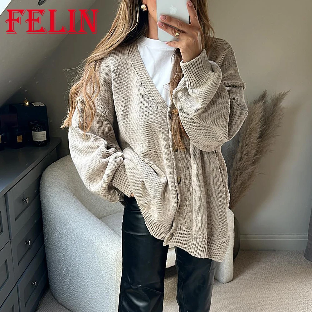 TRAF 2023 Autumn Casual Women Knit Sweaters Loose V-Neck Single Breasted Cardigans Long Sleeve Winter Women Elegant Outwears