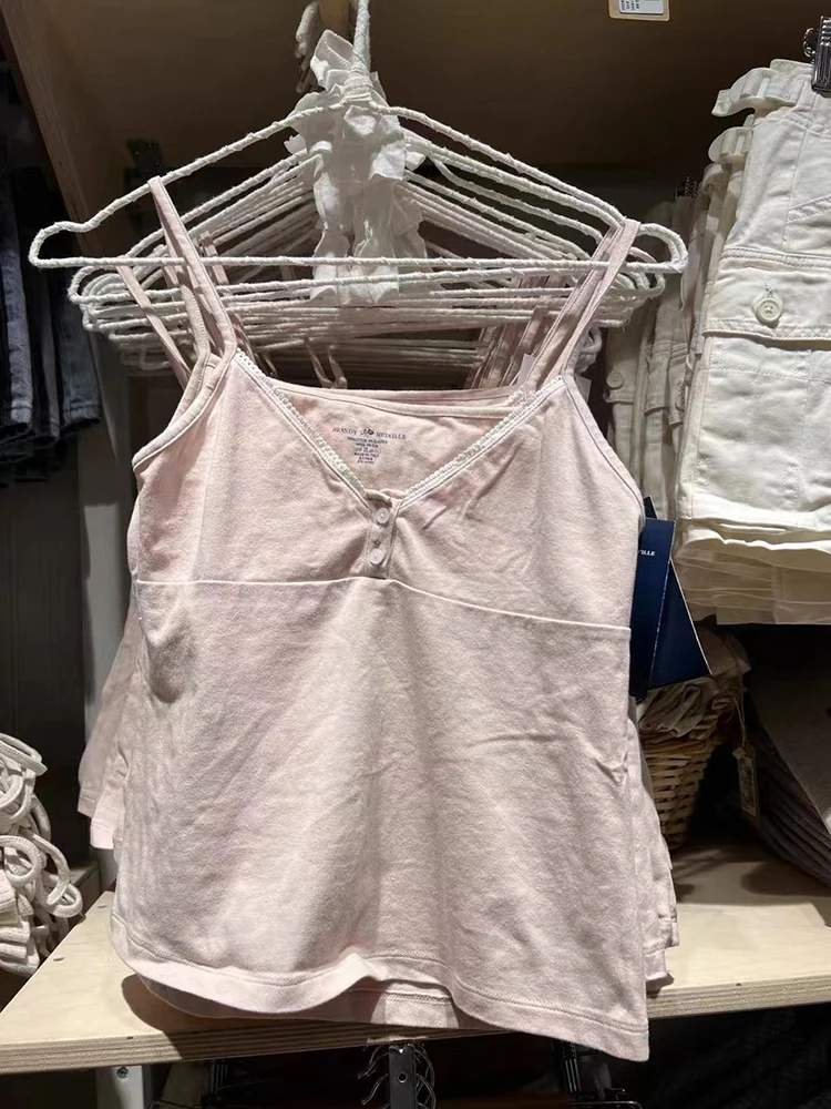 

Pink Lace Trim Cotton Slim Tank Top Women Summer Buttons V-neck Short Camisole Sweet Simple Casual Sleeveless Crop Tops Y2k New