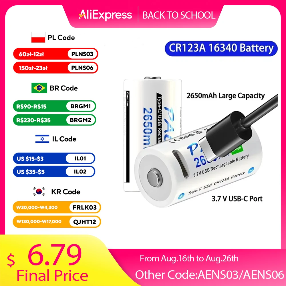 Palo cr123a bateria 2650mwh 16340 rcr123 3.7v bateria recarregável 100% capacidade usb lítio cr123 16350 bateria + cabo tipo-c