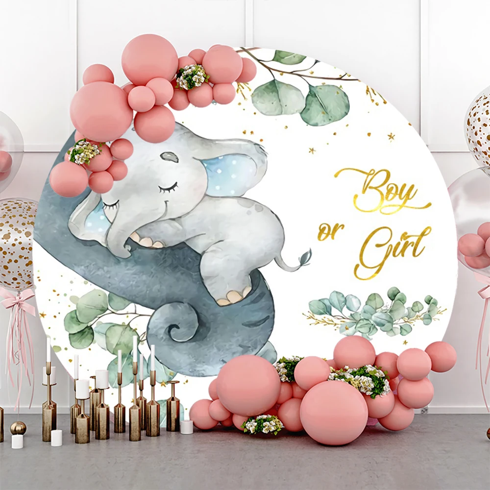 Elephant Baby Shower Round Backdrop Cover Jungle Animals Blue Pink Boy Girl Gender Reveal Birthday Party Decor Circle Background