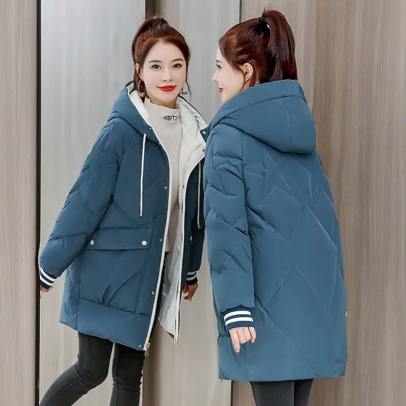 2023 New Women Winter Cotton-padded Jacket Long Korean Version of The Little Loose Outerwear Thick Fashion Hooded Coat