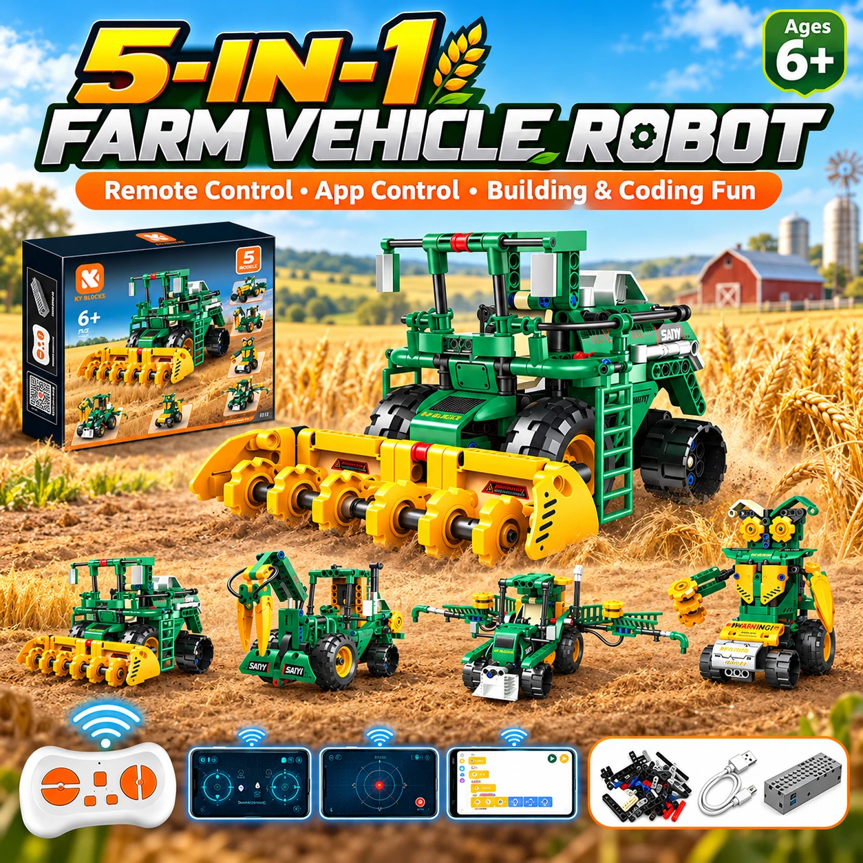 5IN1 STEM APP Control Farm Engineering Building Blocks, DIY Transformable Harvester Tractor Robot Bricks Toy for Kids 6+