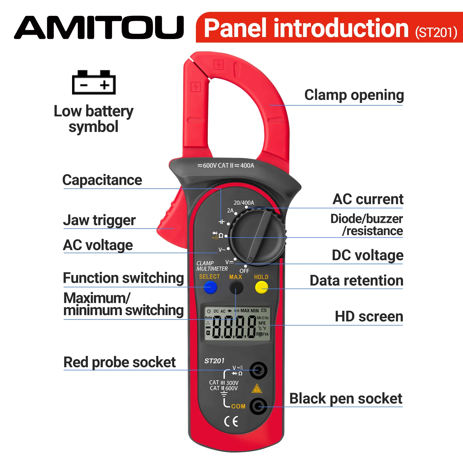 AMITOU ST202 Digital Clamp Meters Professional Multimeter Clamp AC/DC Voltmeter Ammeter Diode Temp Ohm Tester for Electrician