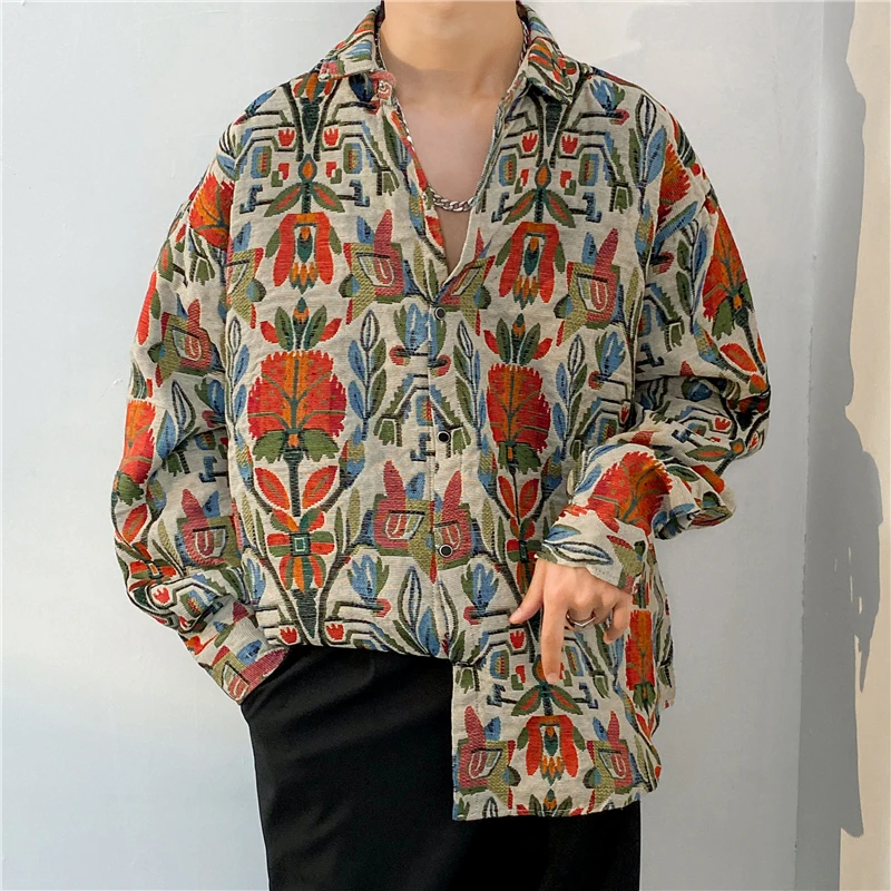 2024 Men Daily Casual Button Down Vintage Shirts Floral Print Long Sleeve Classic Fashionable Blouses Design Loose Shirts M08