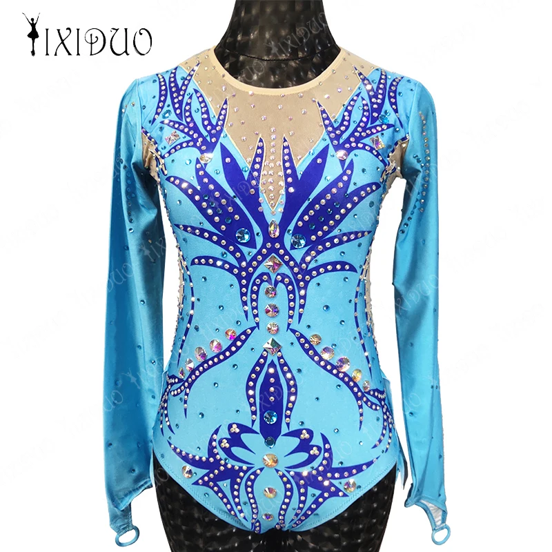 

Women Sky Blue Rhythmic Gymnastic Leotard Shiny Handmade for Child Girl Figure Skating Dress Skirt Performance Ballet Costume