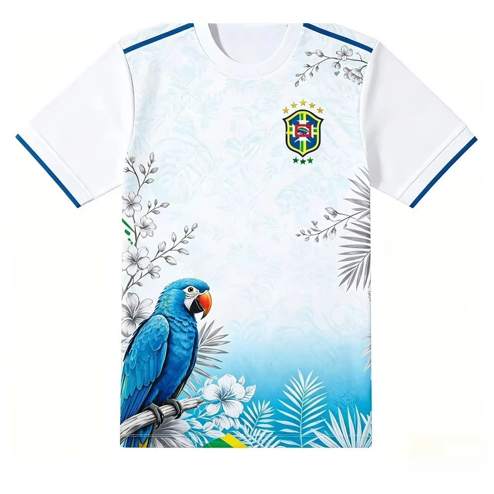 Brazil Blue Macaw Floral Soccer Jersey, Quick Dry Polyester Casual Breathable Fan Short Sleeve Shirt