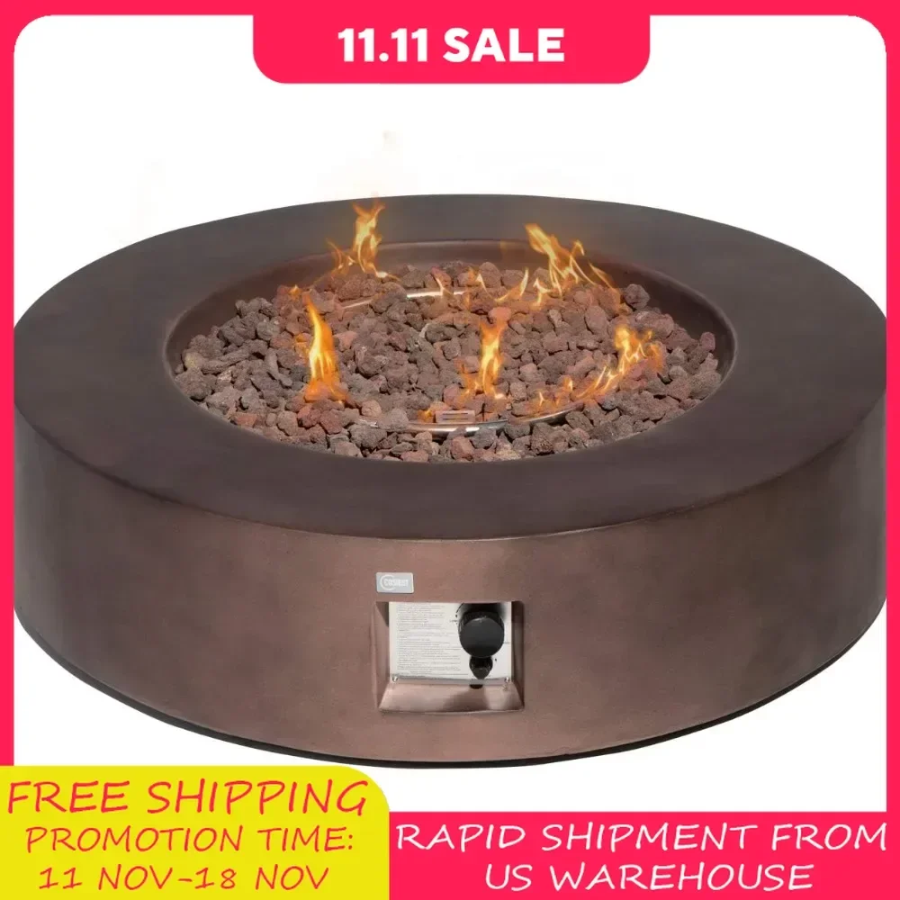 Outdoor Propane Fire Pit Coffee Table w Dark Bronze 40.5-inch Round Base Patio Heater, 50,000 BTU Stainless Steel Burner