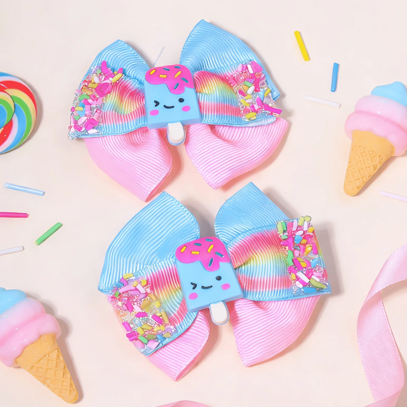

1 piece of cartoon popsicle contrasting color bow hairpin [summer ice cream theme & parent-child trip sweet girl eye-catching model] high-texture polyester ribbed webbing production, girl adult universal summer sweet girl hair accessories, specially desig