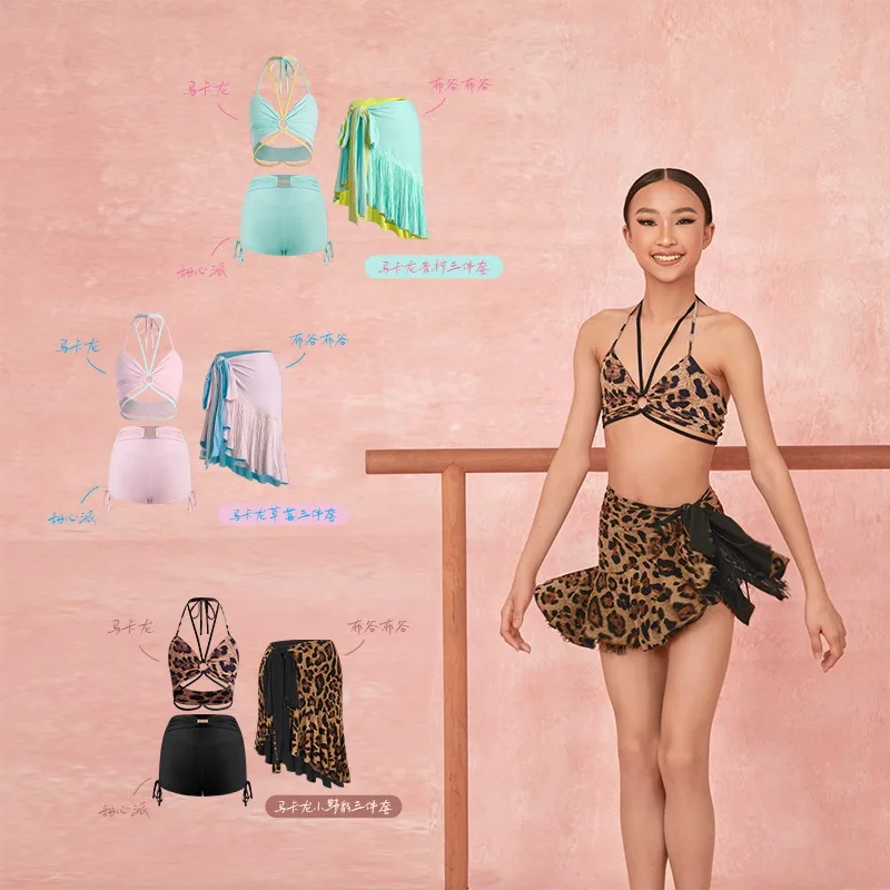 customized ZYM [Three Piece Set] Top Pants Half Skirt Girls' Latin Dance Practice Dress Versatile S001