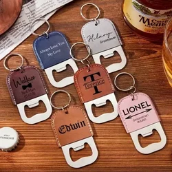 Aangepaste logo pu leer roestvrij staal sleutelhanger lasergegraveerde bieren flesopener sleutelhangers vintage retro sleutelhanger geschenken