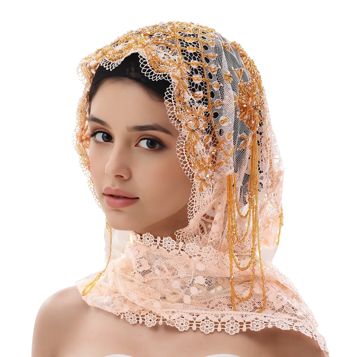 

Luxury Lace Beaded Turban Women Muslim Hijab Islam Tassel Shawls Wrap Wedding Party Headscarf Bandanas Headband Scarves Turbante