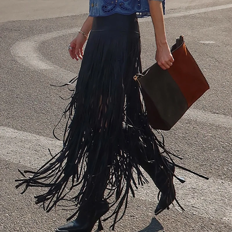 Women's Loose Pleated Swing Vacation Skirts Vintage PU Leather Tassel Long Skirts Fashion High Waist Solid Color Irregular Skirt