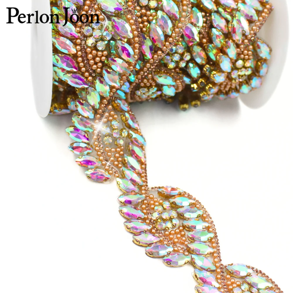 1 Yard Crystal AB Silver Gold Large Rhinestone Leaf shape Applique trim Tape Wedding Dresses Bags Decoration Accessories TR171