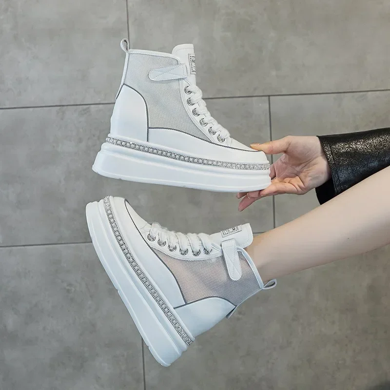 8cm Air Mesh Summer Breathable Motorcycle Ankle Boots Spring Genuine Leather Shoes Ladies Hollow Boots Woman Fashion Sandals image 5