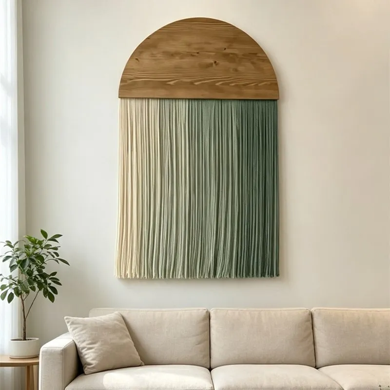 Japanese Style Gradient Handmade Tassel Wall Decor Real Wood Background Living Room Sofa Wall Hanging Tapestry