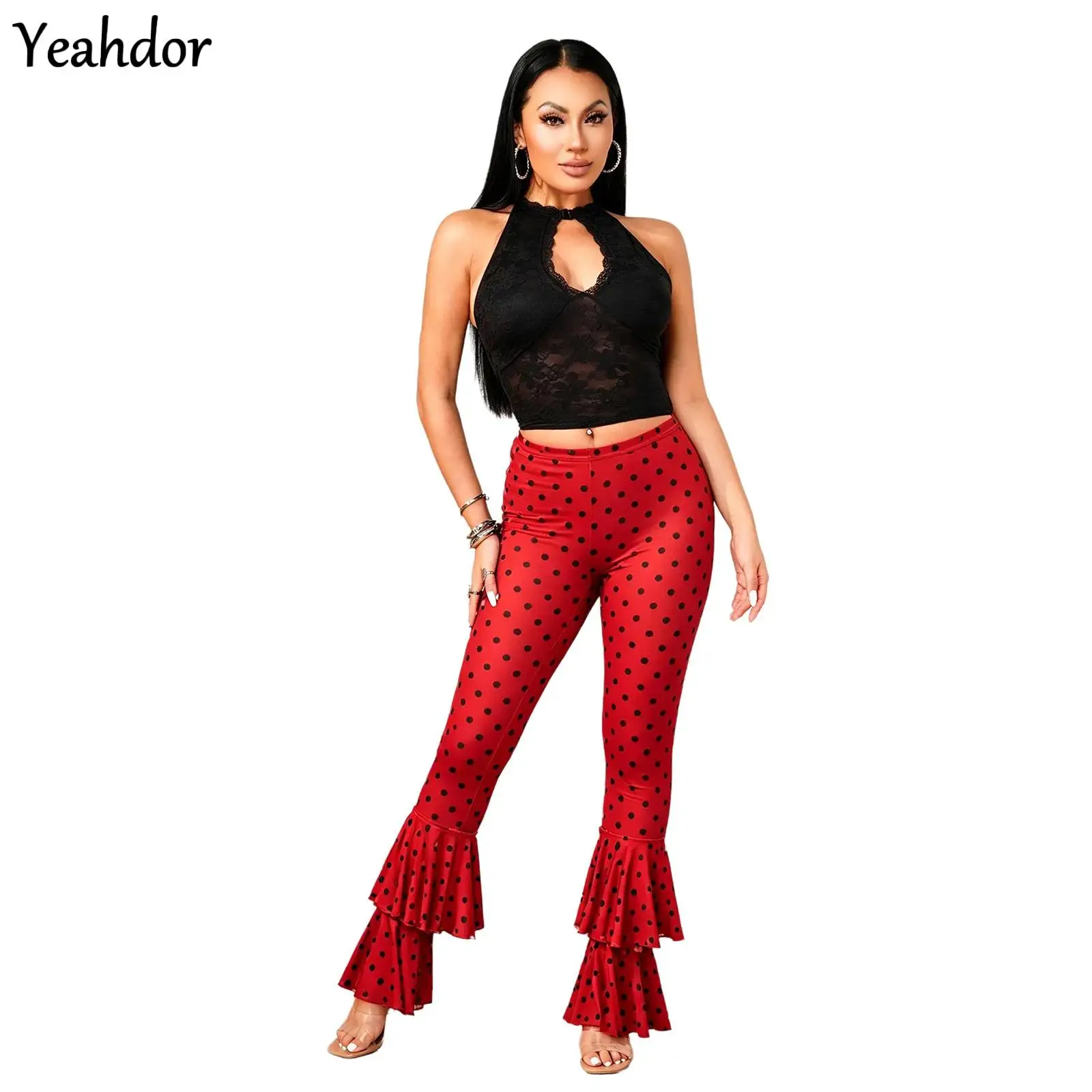 Women Sleeveless Lace Crop Tops Vest with Pads Polka Dot Layered Ruffled Flared Pants Two Piece Set for Club Rave Party Vacation