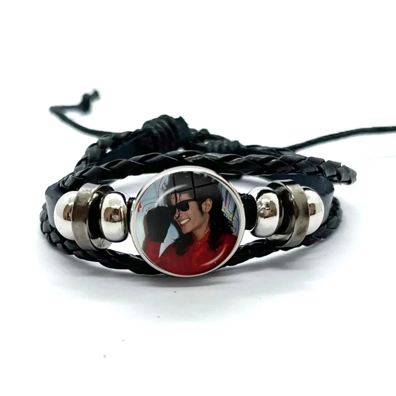 MJ Dance King Michael Jackson Leather Bracelets Glass Dome Snap Button Bracelet & Bangles Fashion Women Men Jewelry