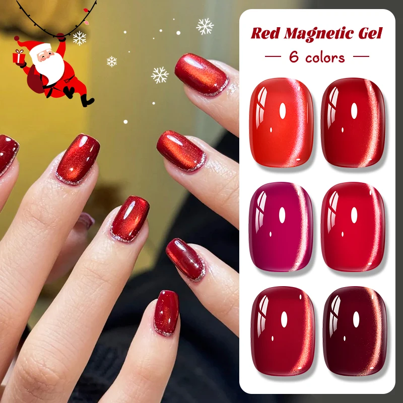 الأحمر القط المغناطيسي هلام طلاء الأظافر لأظافر عيد الميلاد الأحمر بريق الزجاج حبة تأثير شبه دائم نقع قبالة الأشعة فوق البنفسجية هلام الورنيش الأظافر #4