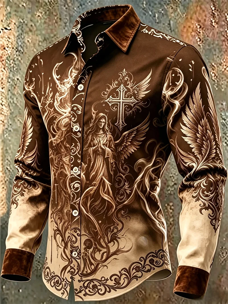 New Black Satin Wolf Head Rose Skull Print men's Long Sleeved Shirt With Dark Gothic Style Casual Shirt
