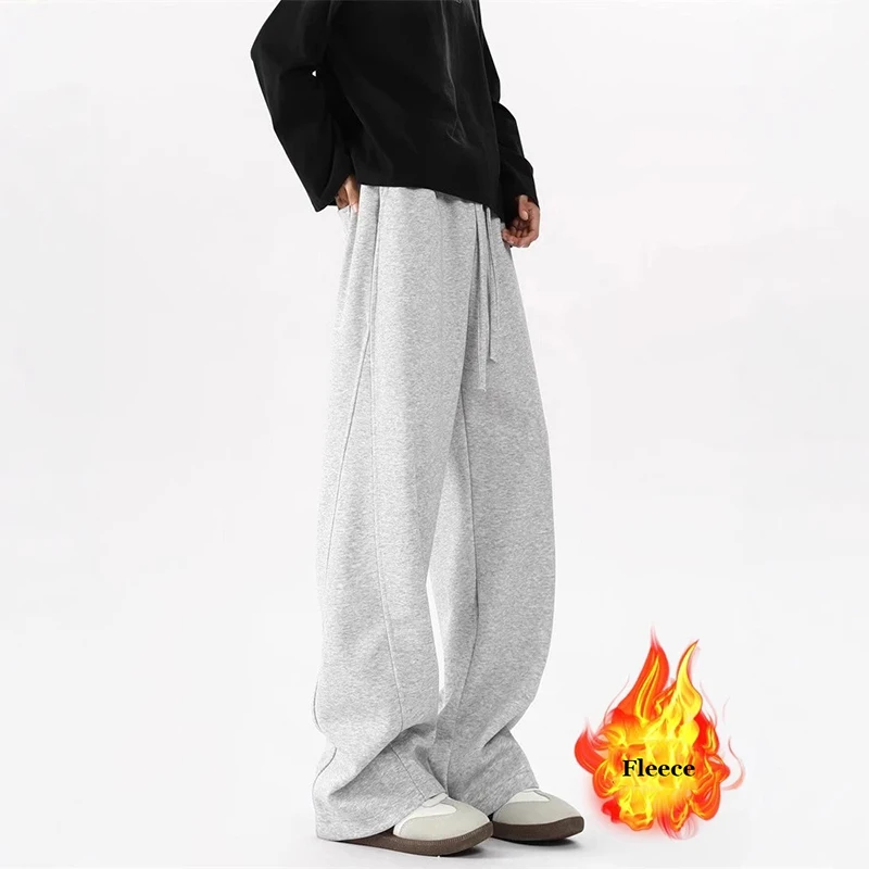 New Men's Sweatpants Casual Fleece Pant American Style Autumn Winter Drawstring Solid Color Straight Trouser Outdoor Sports Pant