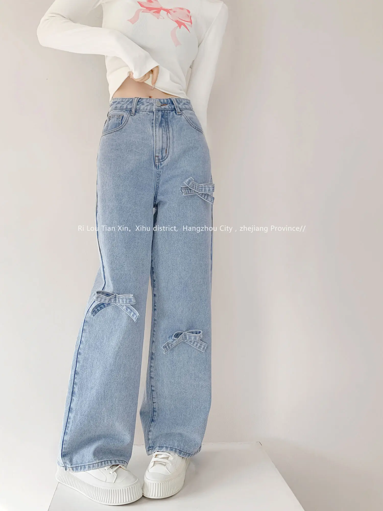 

Korean Version Ins Bow Decoration Loose Jeans Women's Retro Washed Distressed High Waisted Straight Leg Floor Pants 2PFH